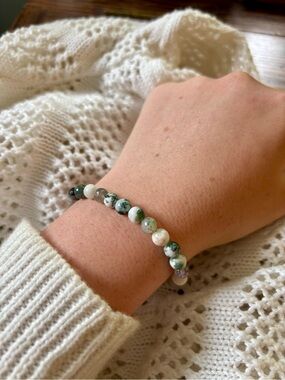 Moss Agate Gemstone Bracelet Natural Stone Stretch Beaded Boho Jewelry Stackable